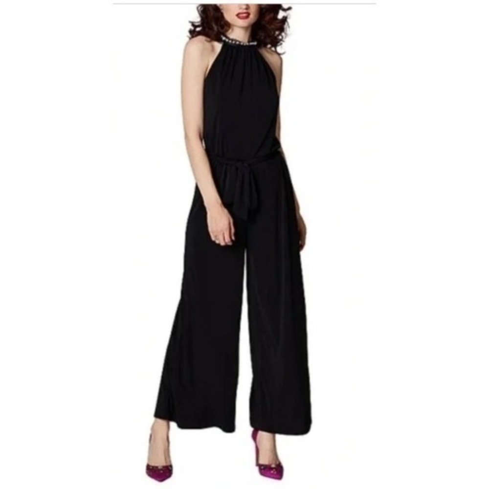 Betsey Johnson Black Jersey Pearl Ruffle Neckline Wide Leg Jumpsuit 4 QQ10
